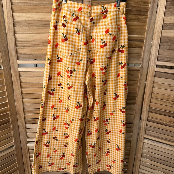 Farm x Anthropologie Gingham Cherry Wide-Leg Pants in yellow size L - Picture 5 of 8